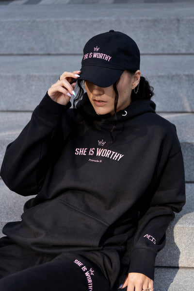 She is Worthy Brushed Twill Hat - Black & Pink