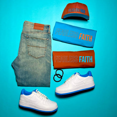fearless faith autumn color tshirt with aqua print army of god attire