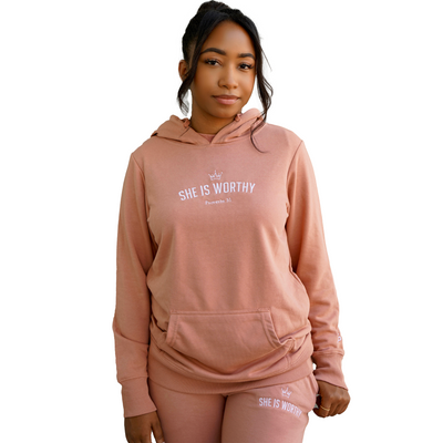 SHE IS WORTHY DUSTY ROSE HOODIE - EMBROIDERED